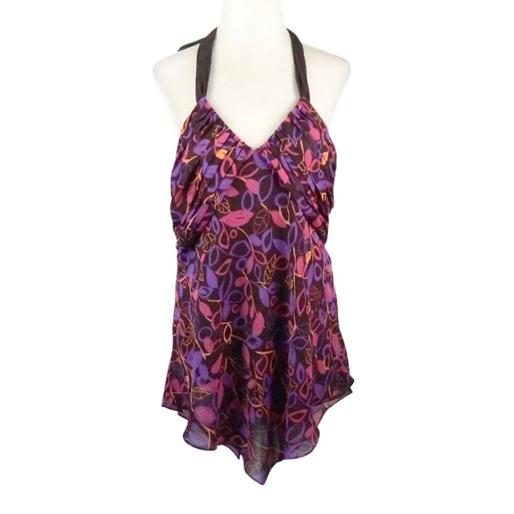 Vintage Y2K Mix It Brown and Purple Floral Asymmetrical Halter Top XL